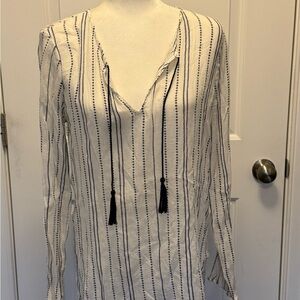 Joie Soft Striped V-Neck Blouse with Tassels